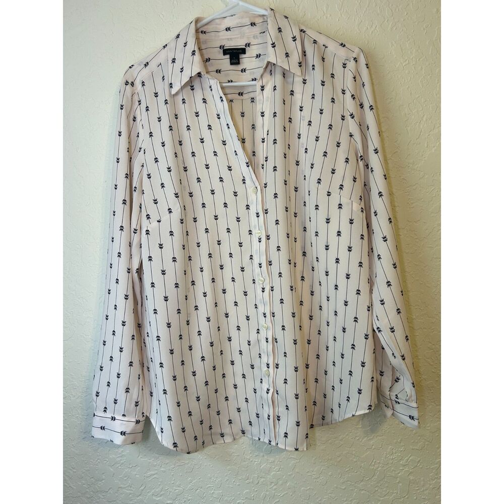 Ann Taylor Blush Pink Navy Striped Bow Print Button Down Blouse Size L